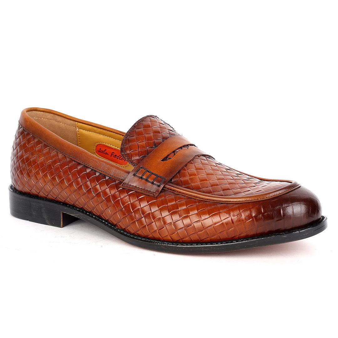 John Foster Exquisite Woven Leather Shoe with Belt Design-Brown - Obeezi.com