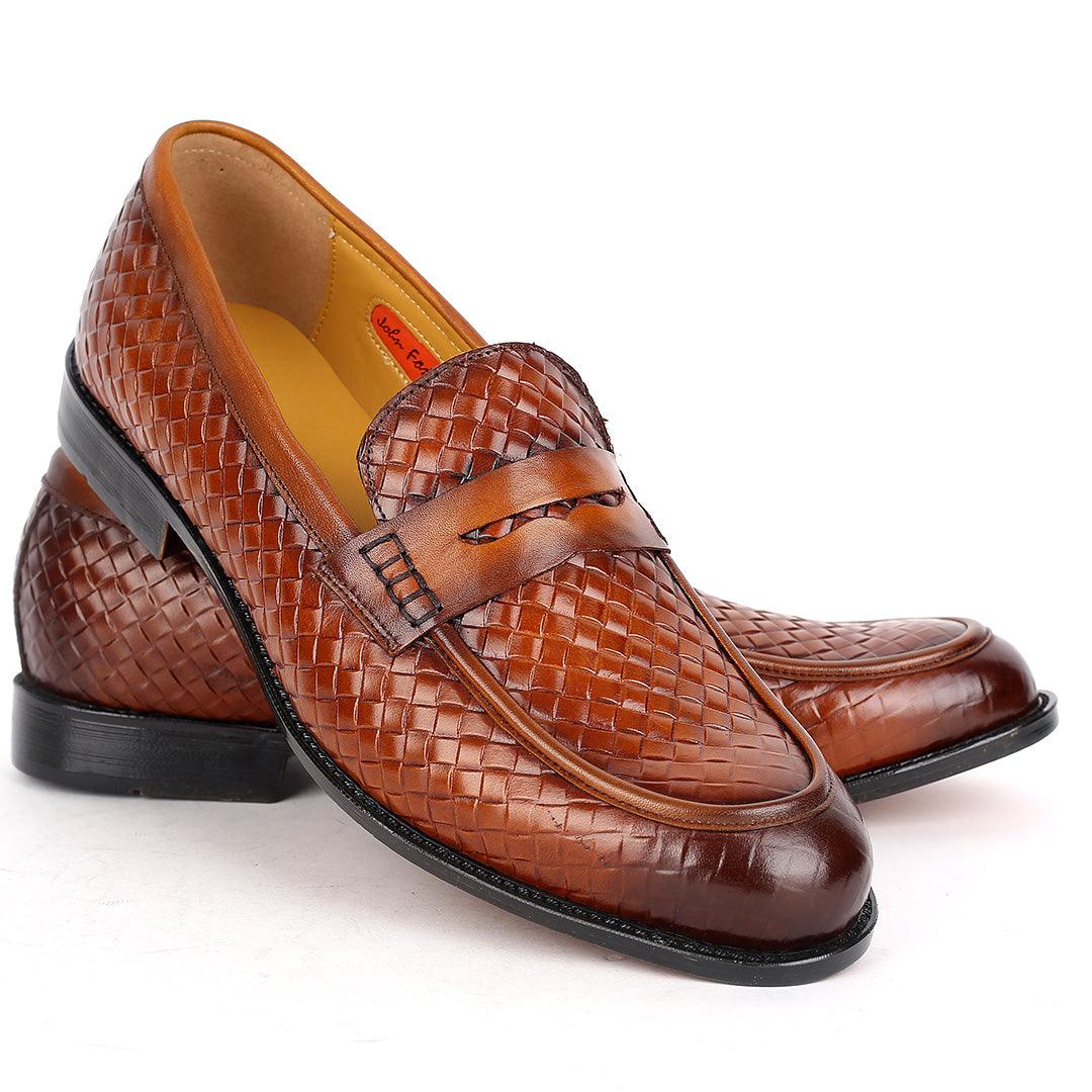 John Foster Exquisite Woven Leather Shoe with Belt Design-Brown - Obeezi.com