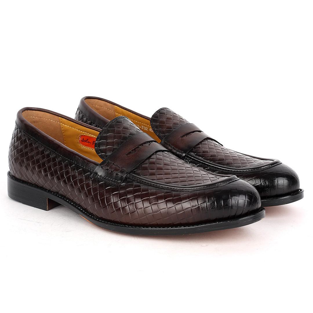 John Foster Exquisite Woven Leather Shoe with Belt Design-Coffee - Obeezi.com