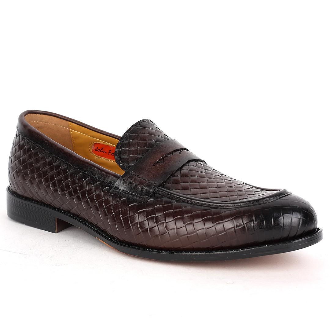 John Foster Exquisite Woven Leather Shoe with Belt Design-Coffee - Obeezi.com
