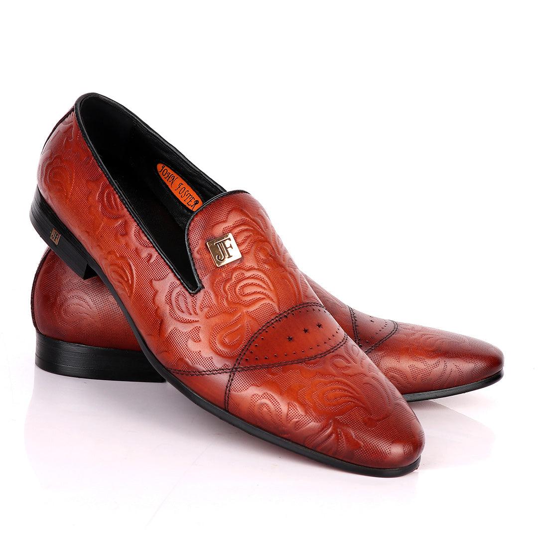 John Foster Flower Pattern Design Brown Leather Formal Shoe - Obeezi