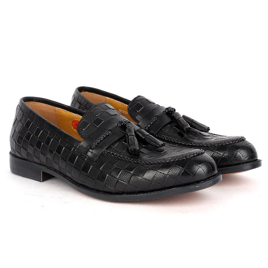 John Foster Full Checkered Leather Belt Tassels Designed-Black - Obeezi.com