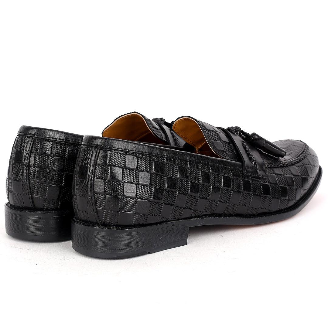 John Foster Full Checkered Leather Belt Tassels Designed-Black - Obeezi.com