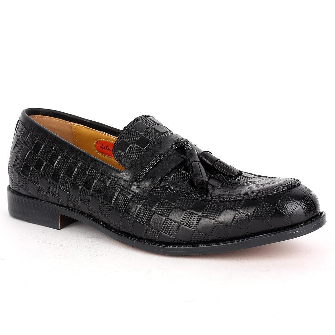 John Foster Full Checkered Leather Belt Tassels Designed-Black - Obeezi.com