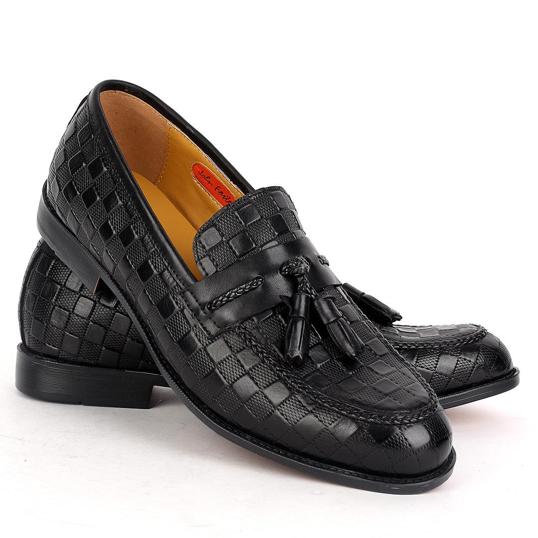 John Foster Full Checkered Leather Belt Tassels Designed-Black - Obeezi.com