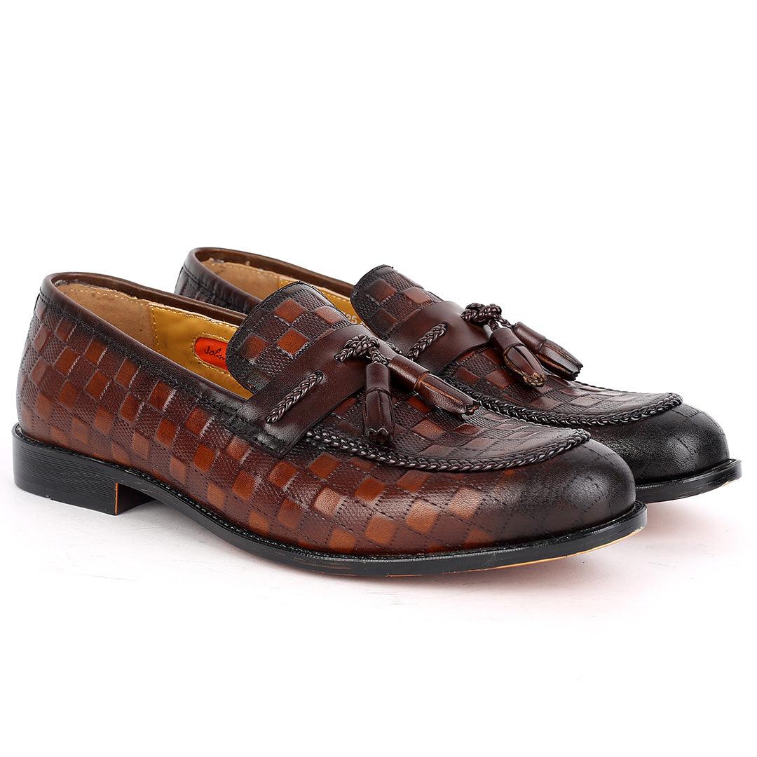 John Foster Full Checkered Leather Belt Tassels Designed-Coffee - Obeezi.com
