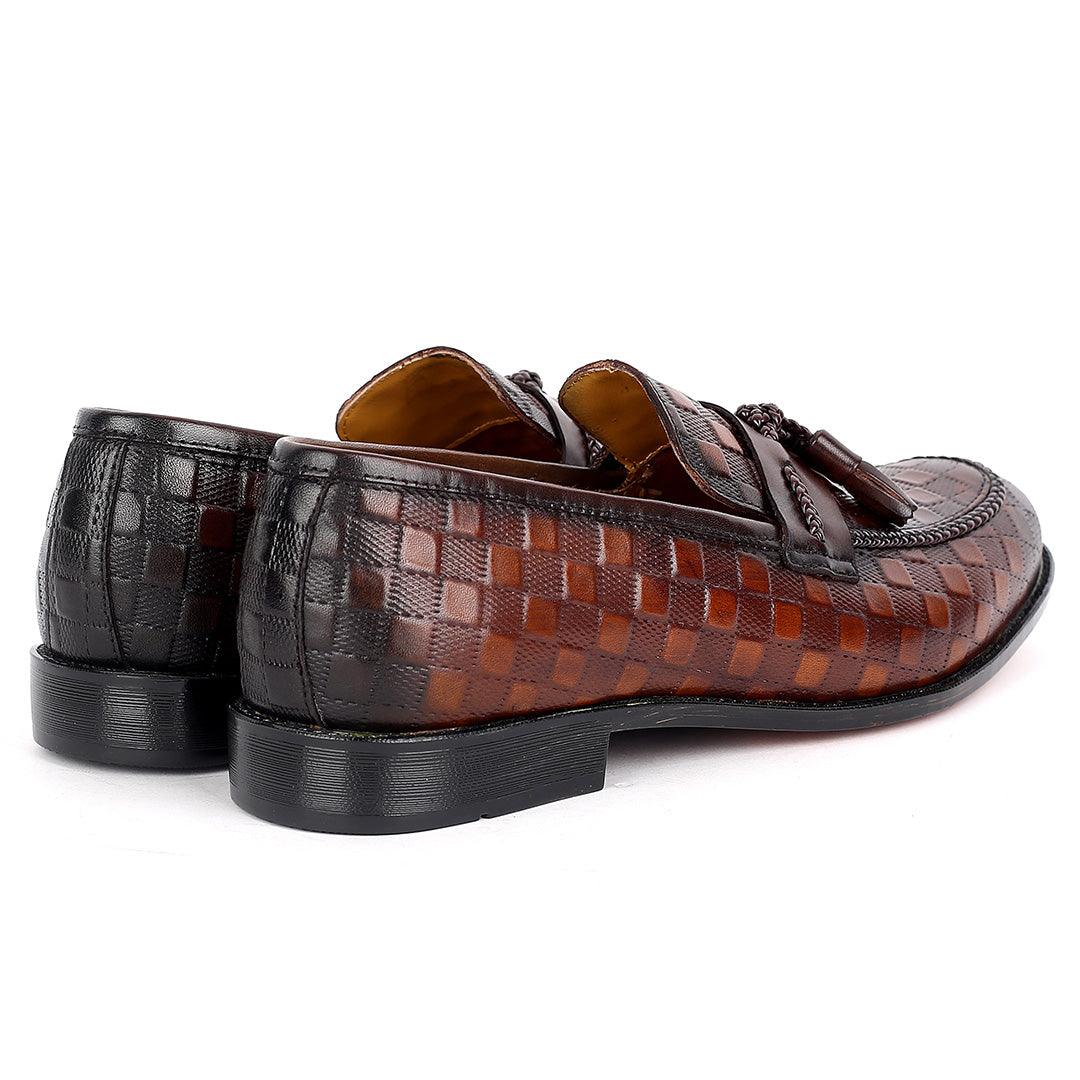 John Foster Full Checkered Leather Belt Tassels Designed-Coffee - Obeezi.com