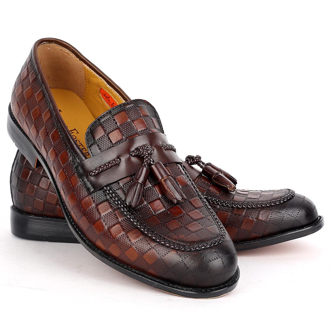 John Foster Full Checkered Leather Belt Tassels Designed-Coffee - Obeezi.com