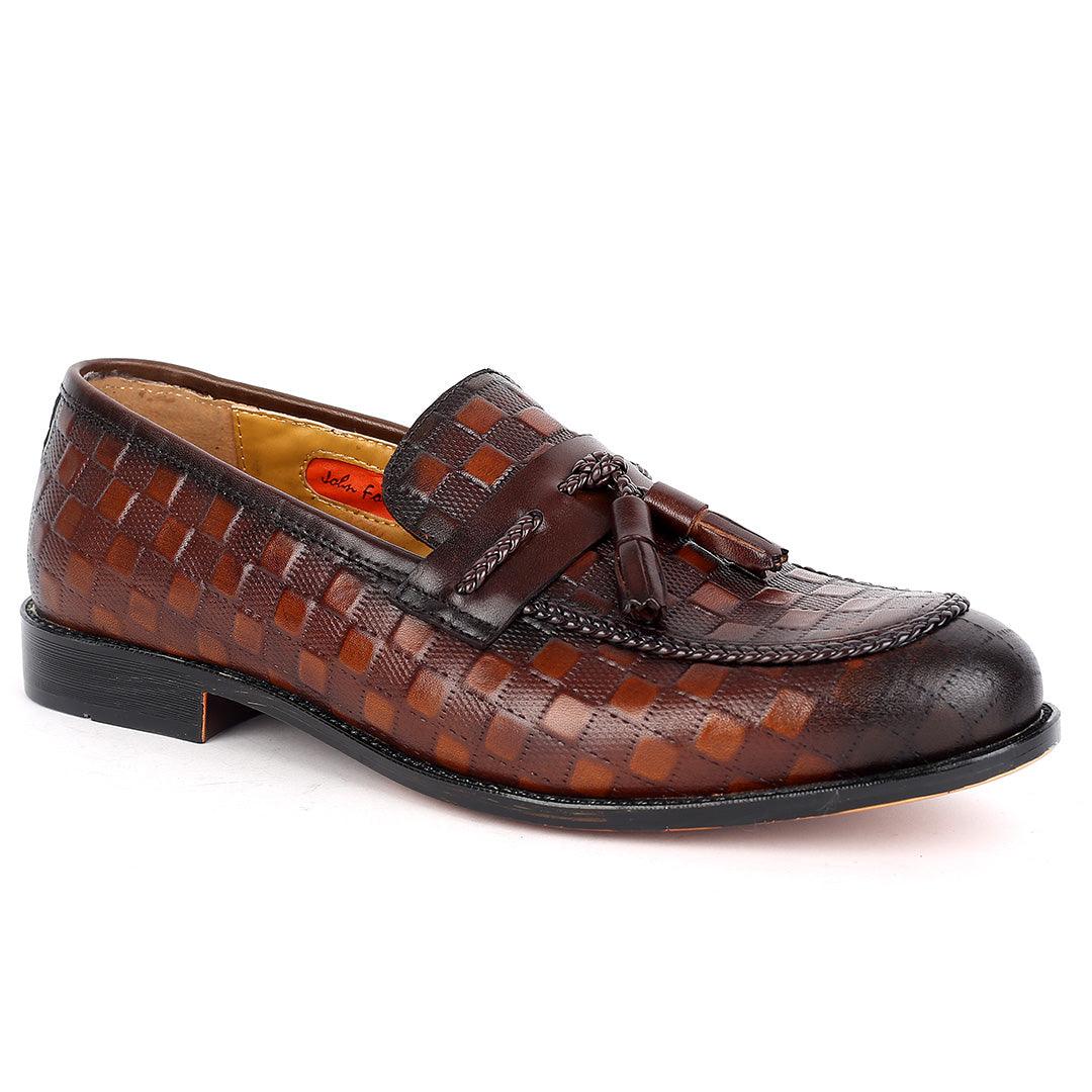 John Foster Full Checkered Leather Belt Tassels Designed-Coffee - Obeezi.com