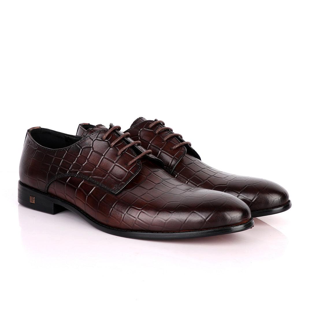 John Foster Full Croc Design Leather Derby Men's Shoes-Coffee - Obeezi