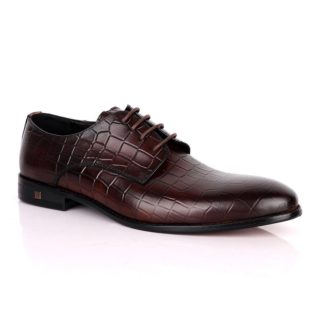 John Foster Full Croc Design Leather Derby Men's Shoes-Coffee - Obeezi