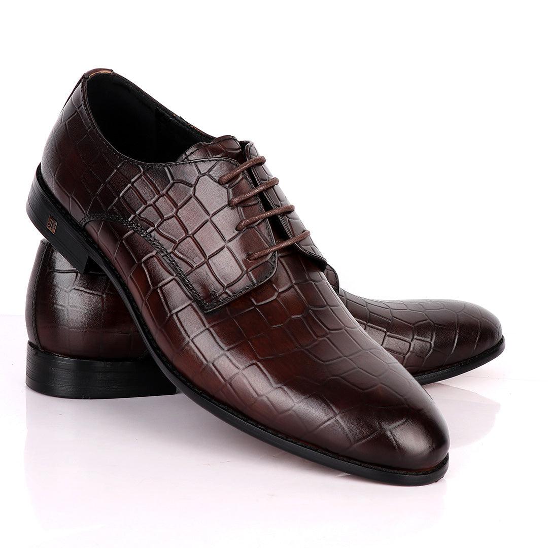 John Foster Full Croc Design Leather Derby Men's Shoes-Coffee - Obeezi