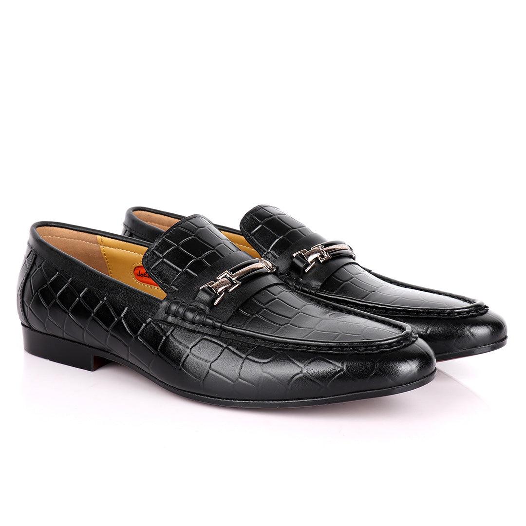John Foster Full Crocodile Leather With Simple Chain Designed Men's Shoe-Black - Obeezi.com