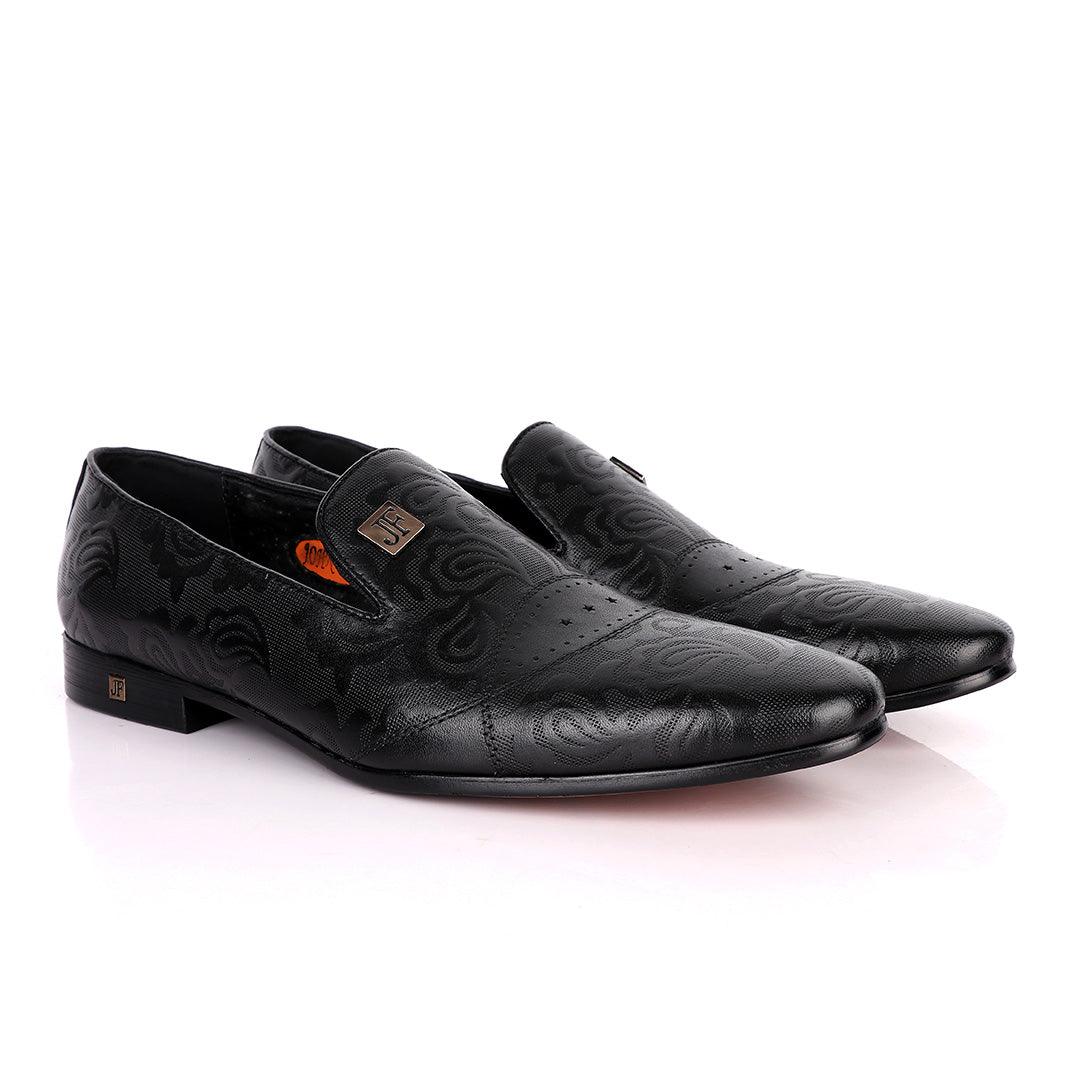 John Foster Full Flower Designed Leather Shoe-Black - Obeezi