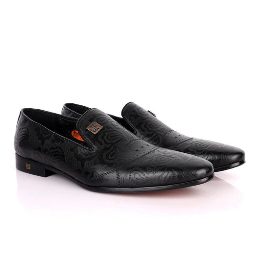 John Foster Full Flower Designed Leather Shoe-Black - Obeezi