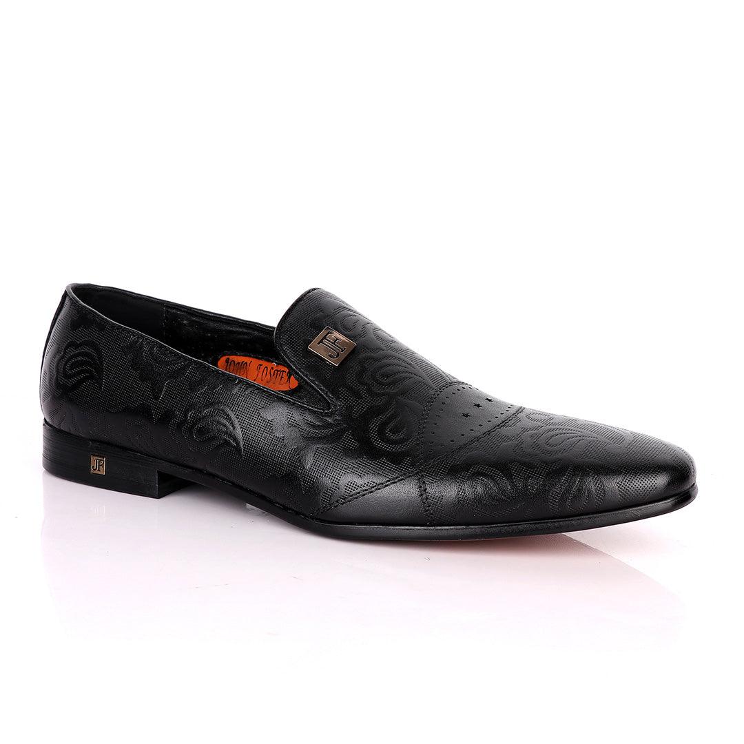 John Foster Full Flower Designed Leather Shoe-Black - Obeezi