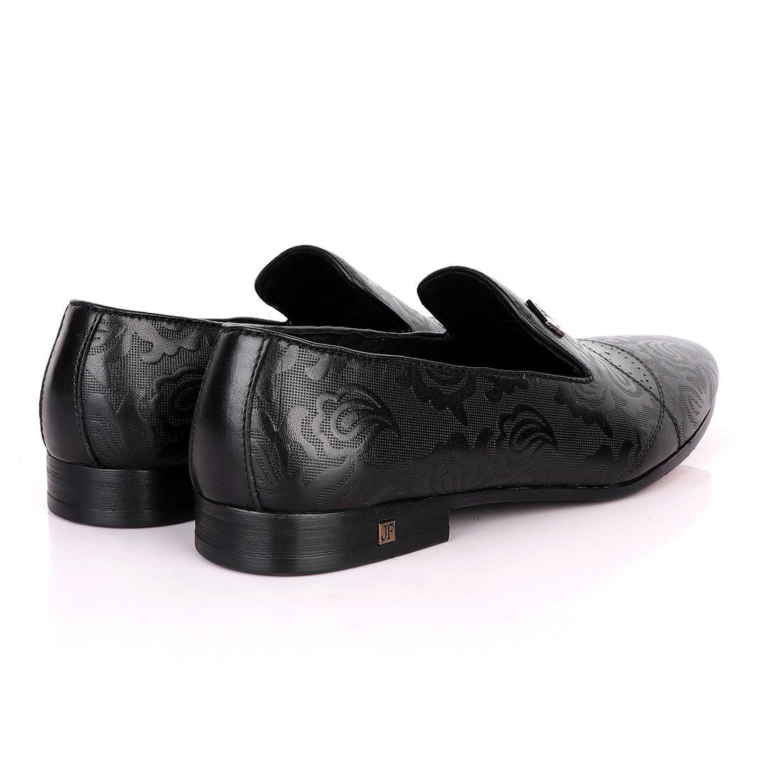 John Foster Full Flower Designed Leather Shoe-Black - Obeezi