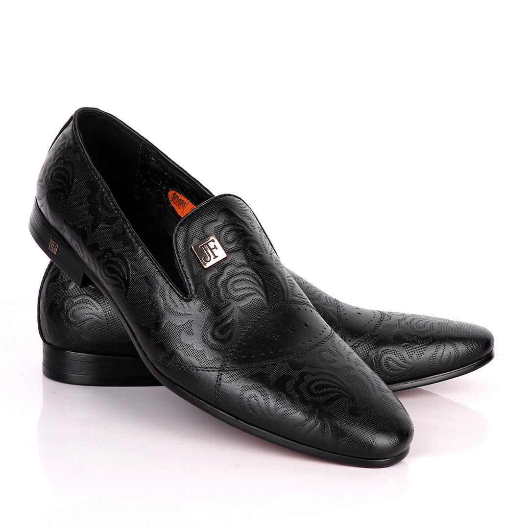 John Foster Full Flower Designed Leather Shoe-Black - Obeezi