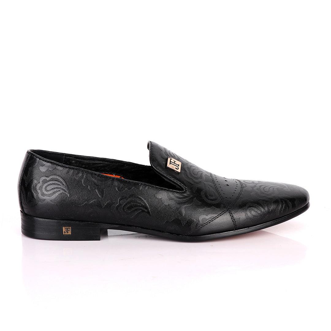 John Foster Full Flower Designed Leather Shoe-Black - Obeezi