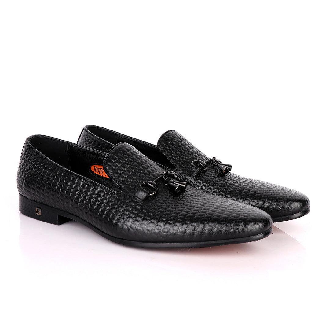 John Foster Full Small Blocks Design Leather Shoe-Black - Obeezi