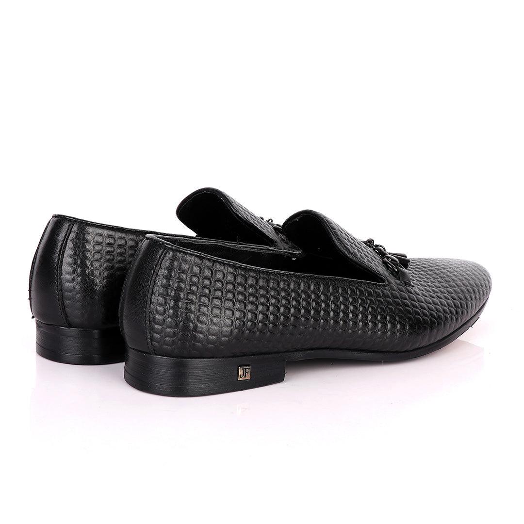 John Foster Full Small Blocks Design Leather Shoe-Black - Obeezi