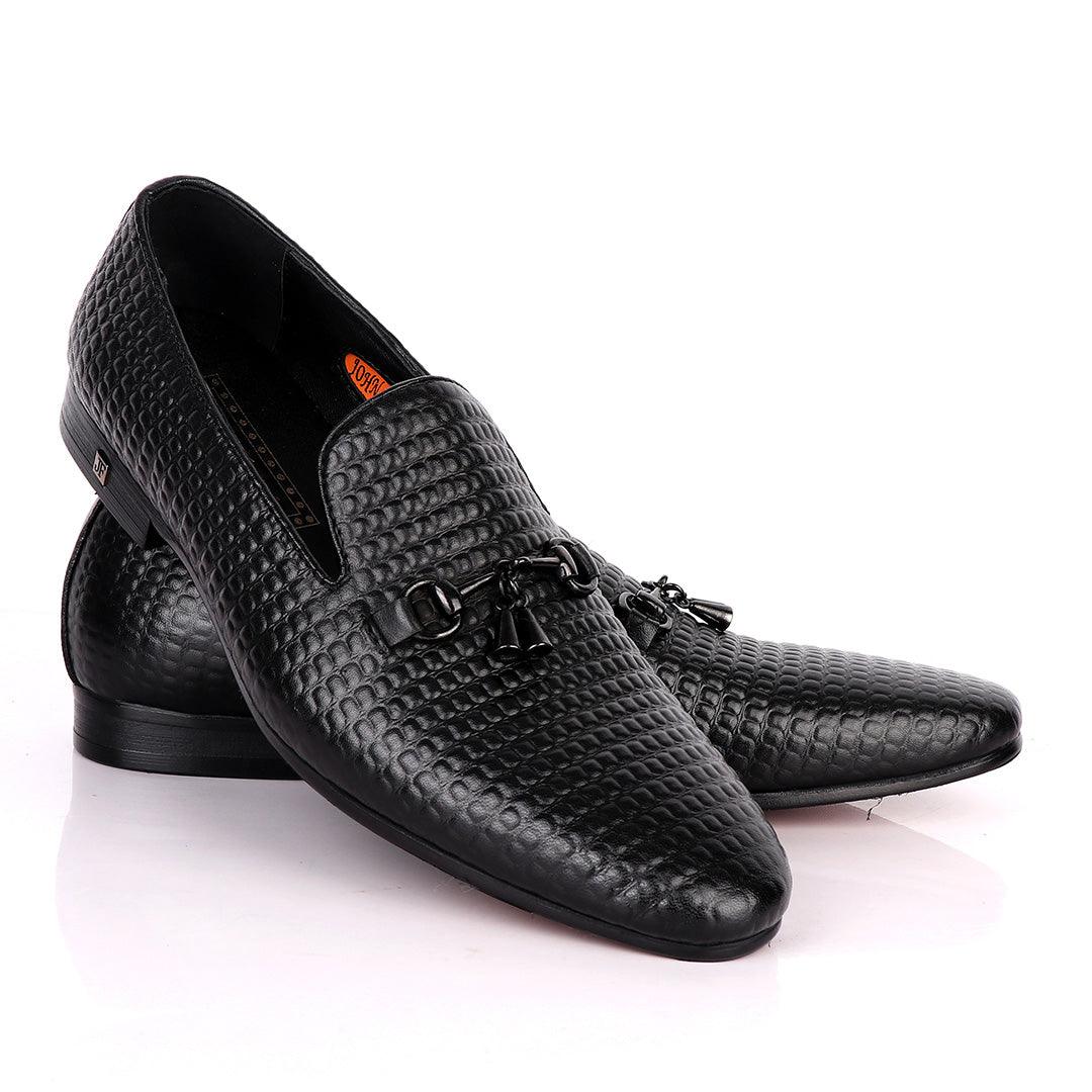 John Foster Full Small Blocks Design Leather Shoe-Black - Obeezi