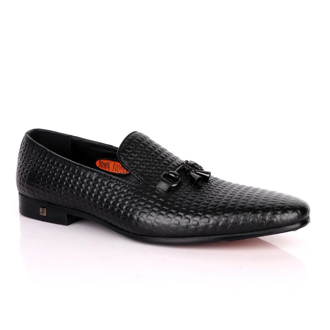John Foster Full Small Blocks Design Leather Shoe-Black - Obeezi