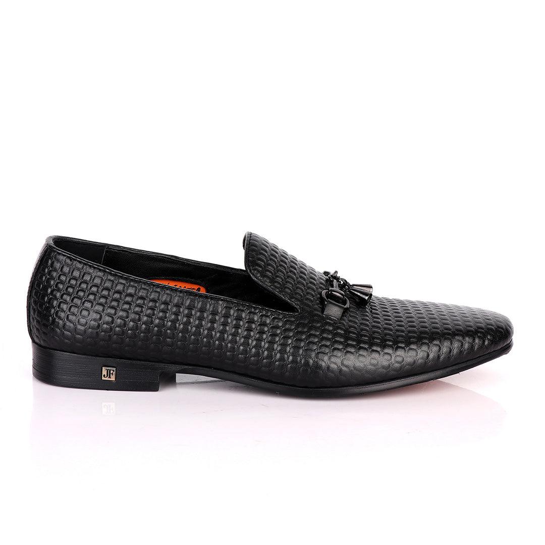 John Foster Full Small Blocks Design Leather Shoe-Black - Obeezi