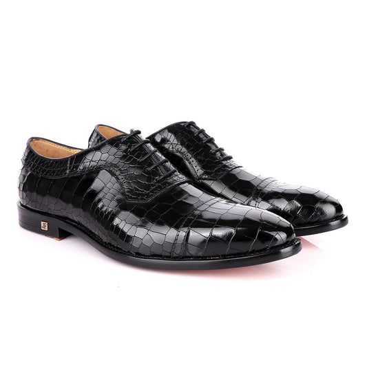 John Foster Full Wetlips Croc Oxford Black Shoe. - Obeezi
