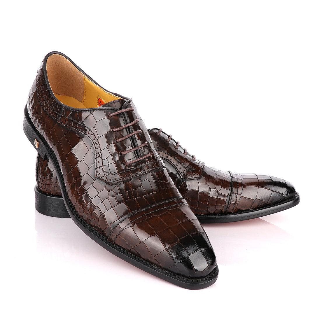 John Foster Full Wetlips Croc Oxford Coffee Brown Shoe. - Obeezi