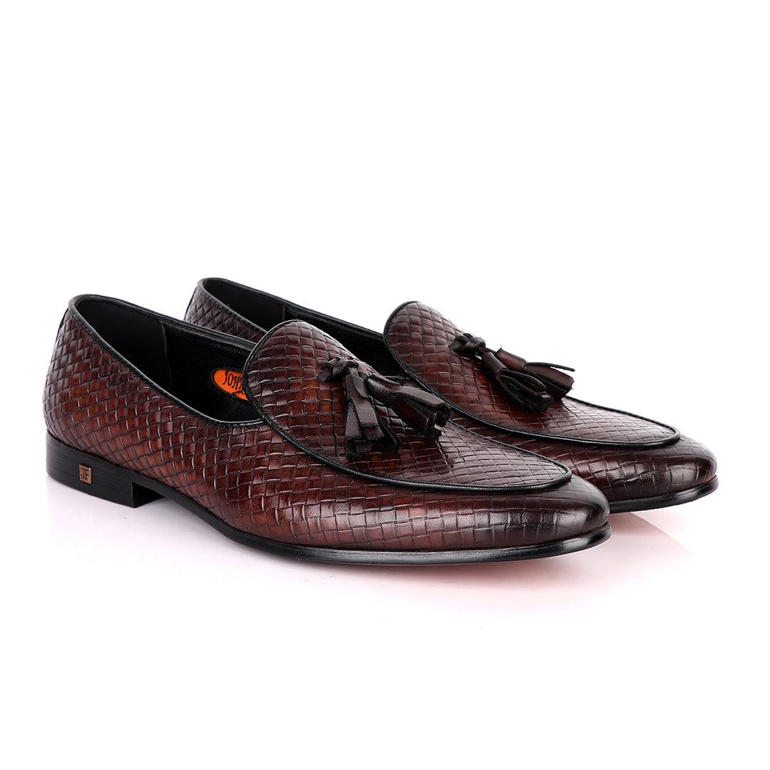 John Foster Full Woven With Tassel Leather Shoe-Coffee - Obeezi
