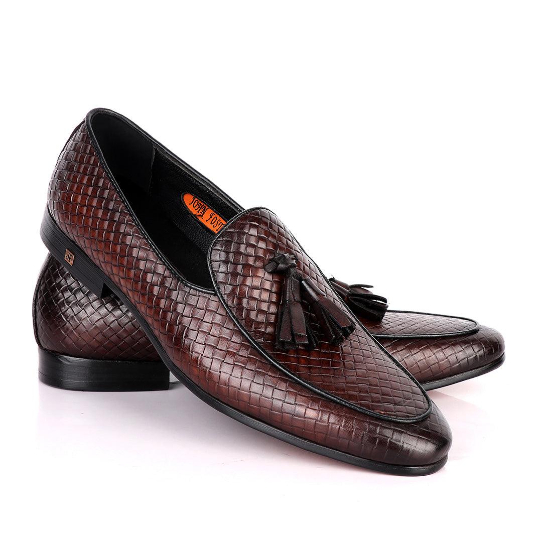 John Foster Full Woven With Tassel Leather Shoe-Coffee - Obeezi