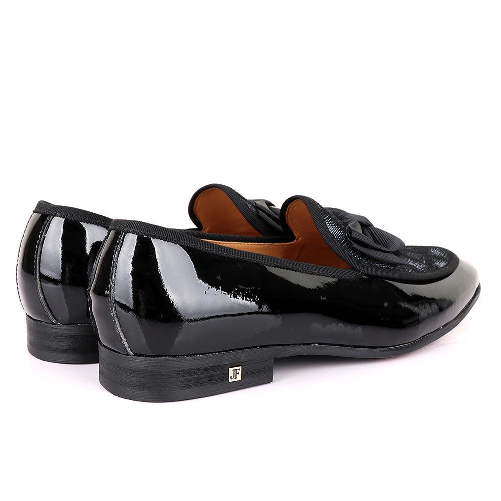 John Foster Glossy Black Bow Stone Designed Leather Shoe - Obeezi