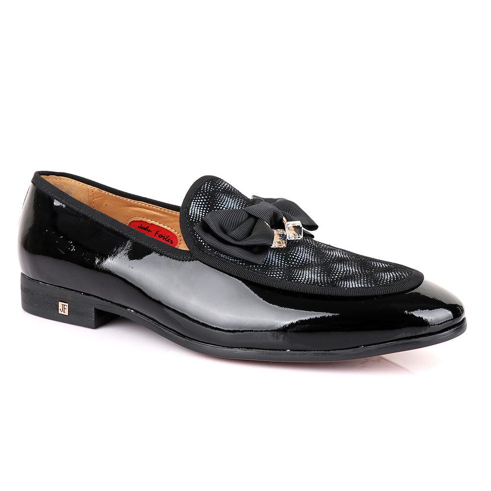John Foster Glossy Black Bow Stone Designed Leather Shoe - Obeezi