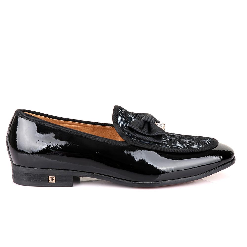 John Foster Glossy Black Bow Stone Designed Leather Shoe - Obeezi