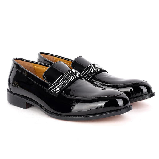 John Foster Glossy Black Leather Stone logo Belt Shoe-Black - Obeezi.com