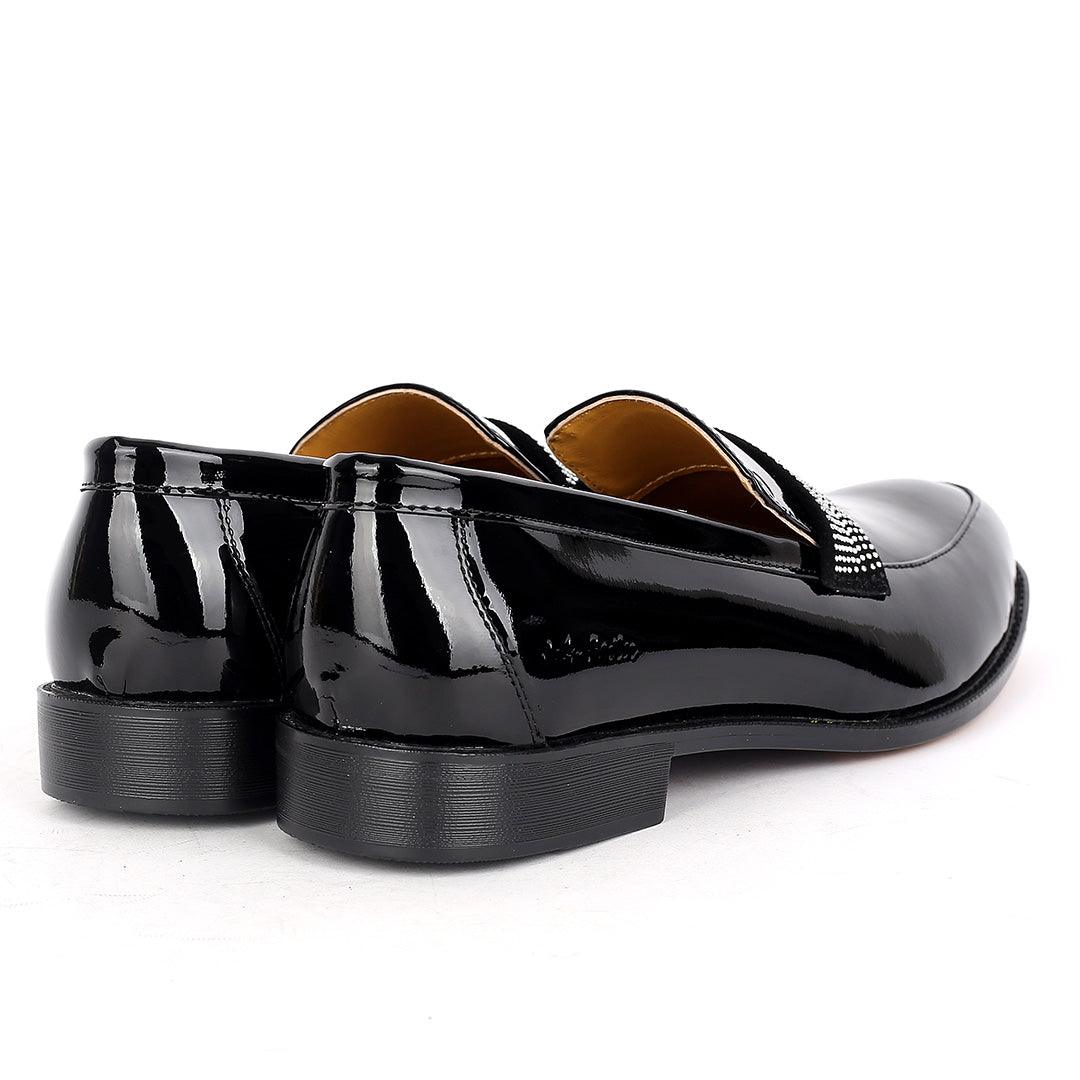 John Foster Glossy Black Leather Stone logo Belt Shoe-Black - Obeezi.com