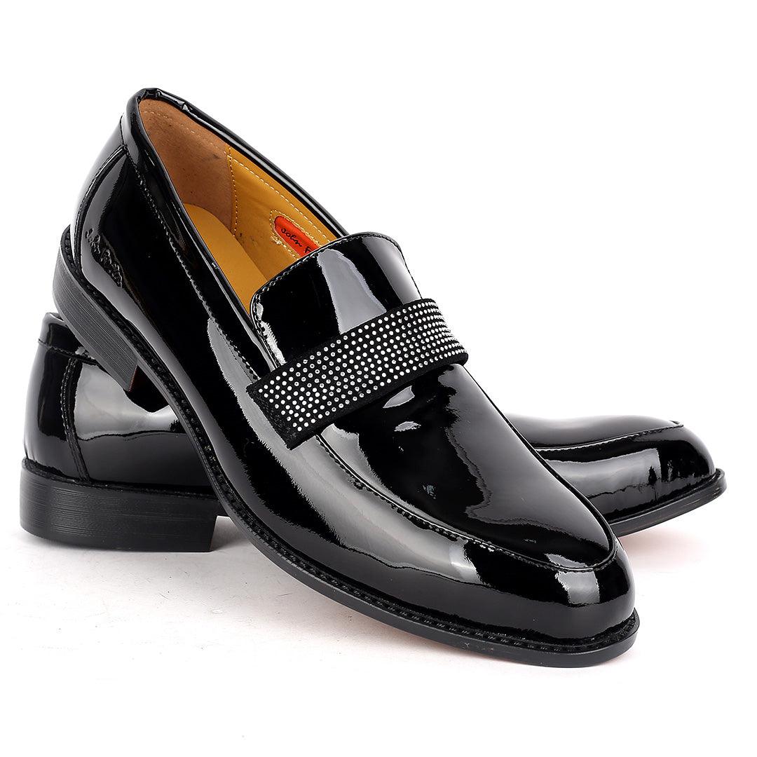 John Foster Glossy Black Leather Stone logo Belt Shoe-Black - Obeezi.com