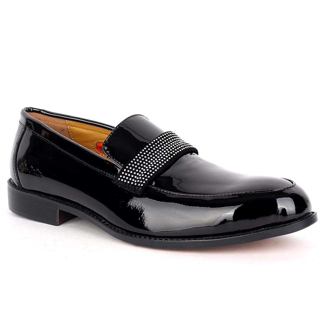 John Foster Glossy Black Leather Stone logo Belt Shoe-Black - Obeezi.com