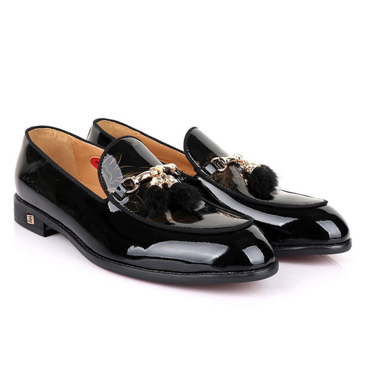 John Foster Gold Chain Flower Print Black Shoe - Obeezi