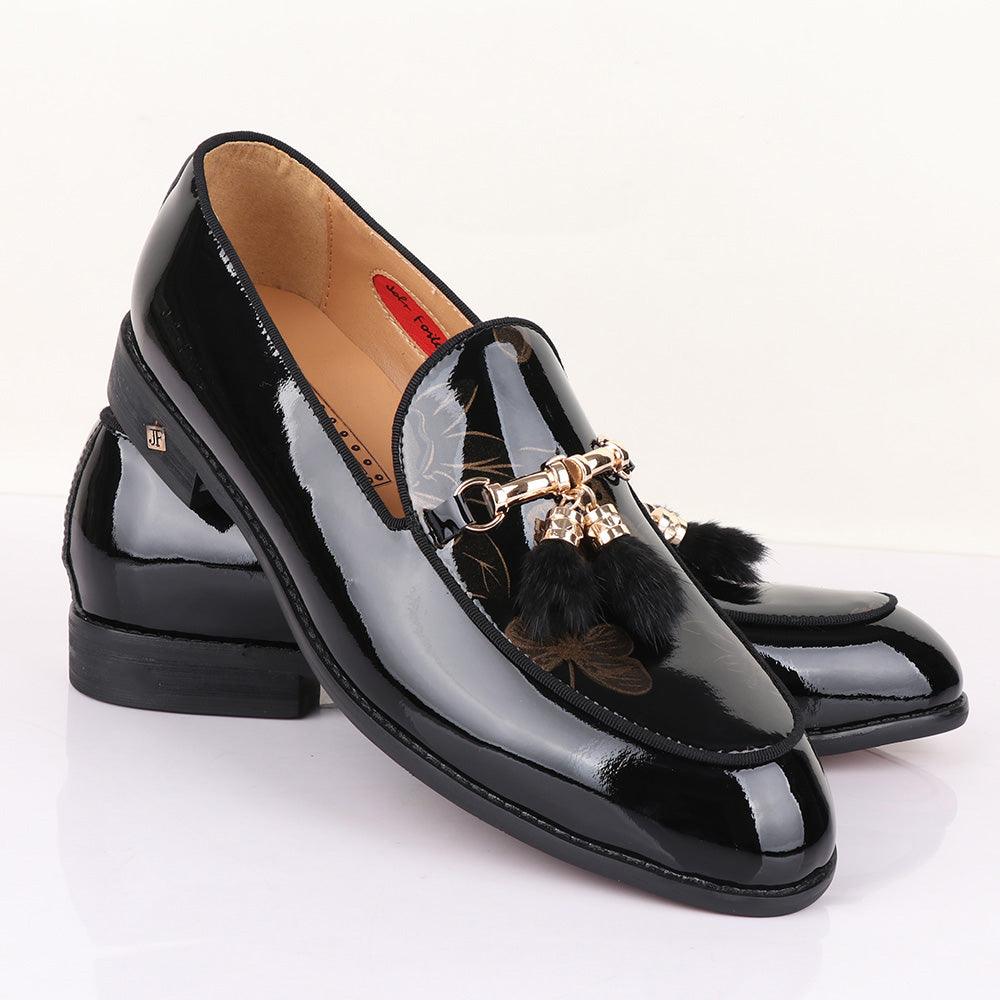 John Foster Gold Chain Flower Print Black Shoe - Obeezi