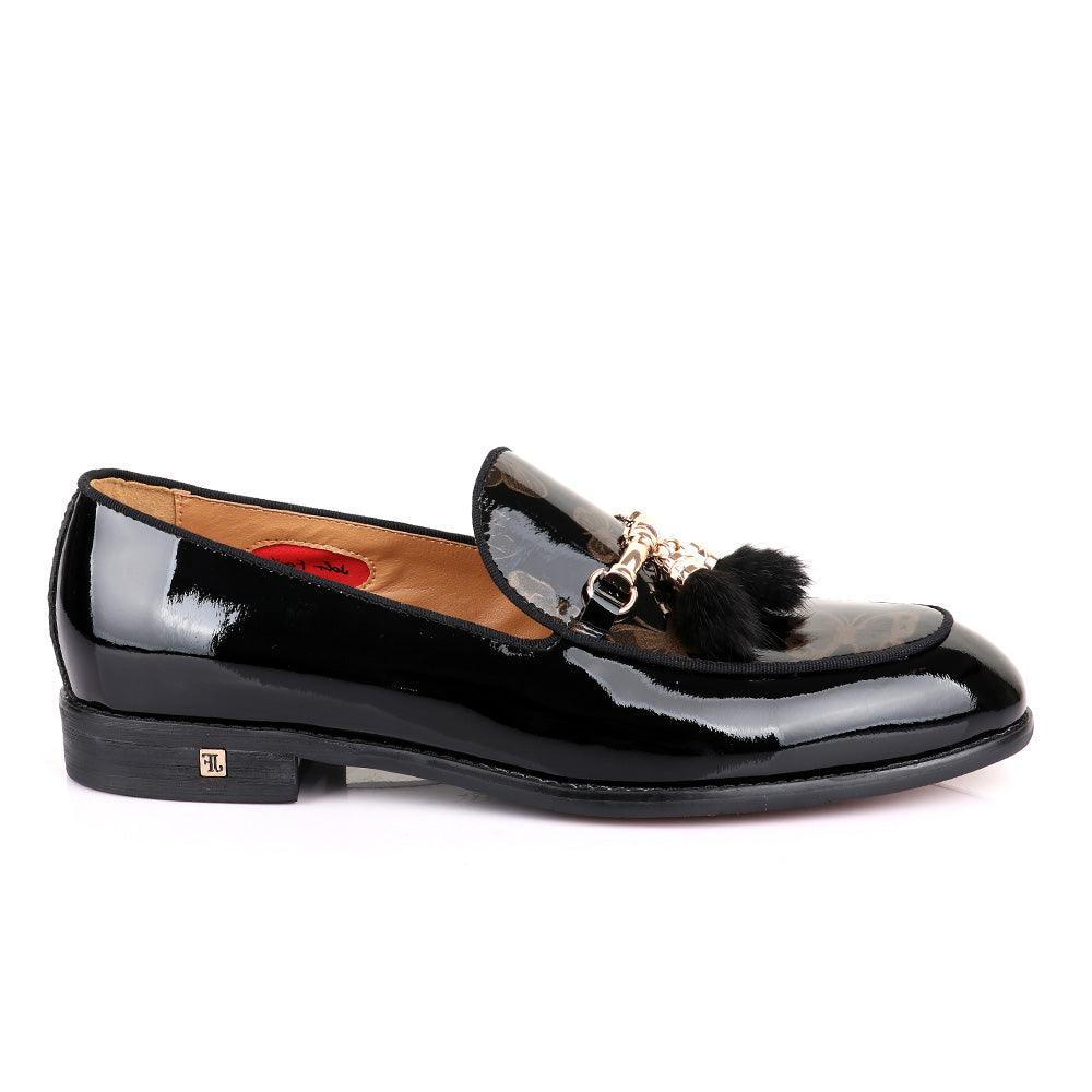 John Foster Gold Chain Flower Print Black Shoe - Obeezi