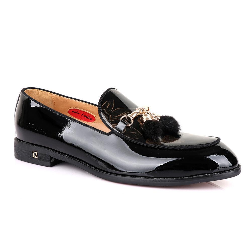 John Foster Gold Chain Flower Print Black Shoe - Obeezi