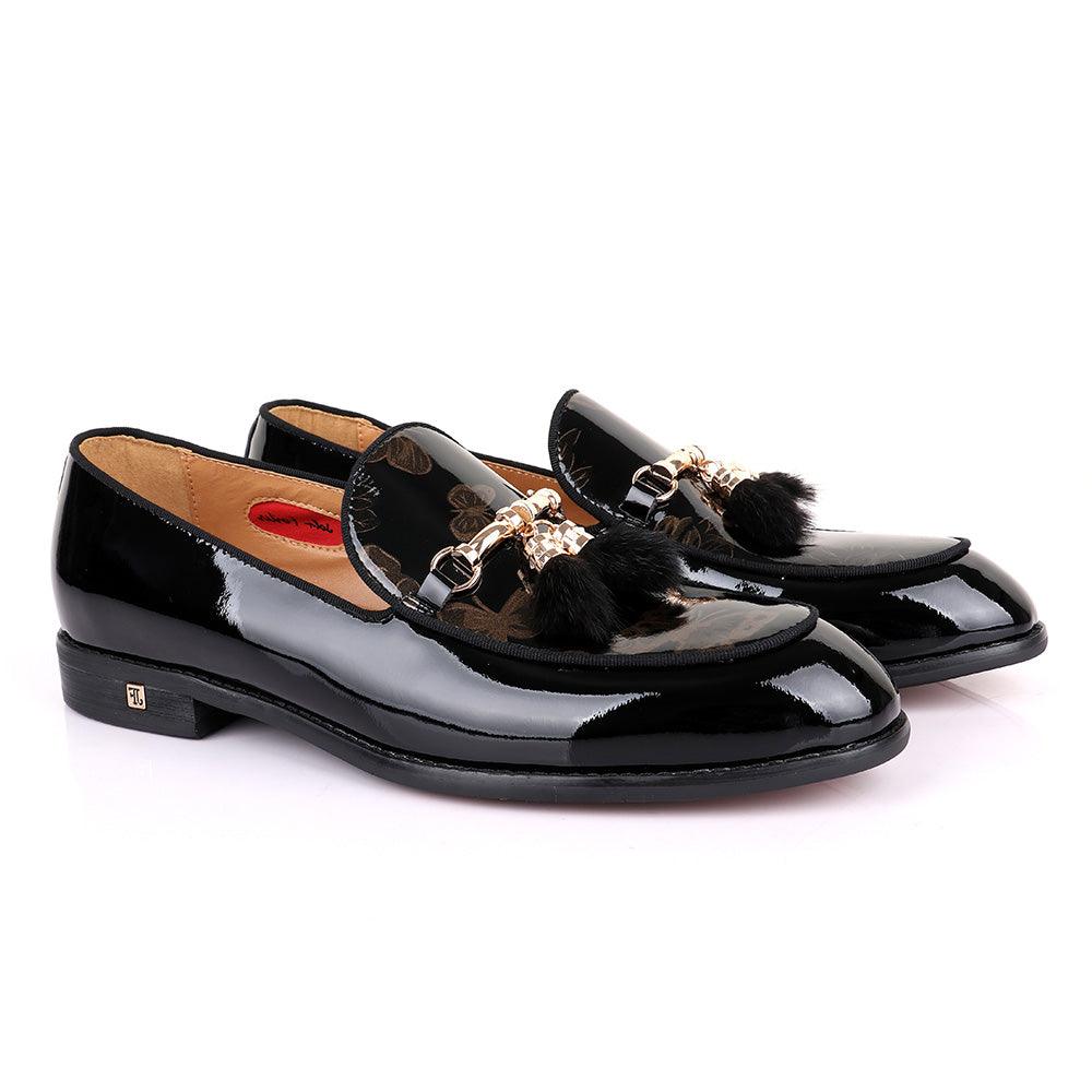 John Foster Gold Chain Flower Print Black Shoe - Obeezi