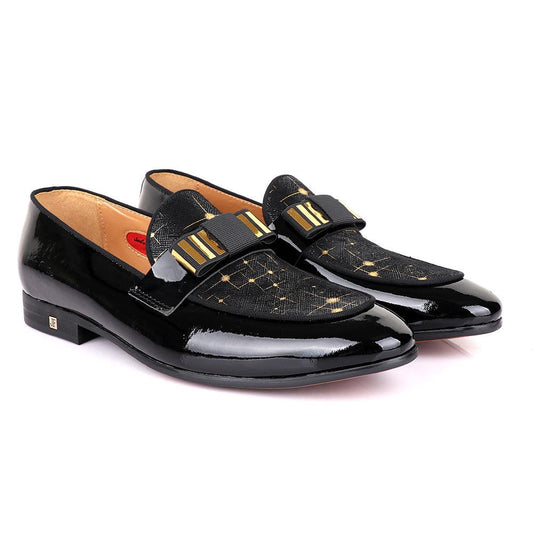 John Foster Graphic Gold Print Black Leather Shoe - Obeezi