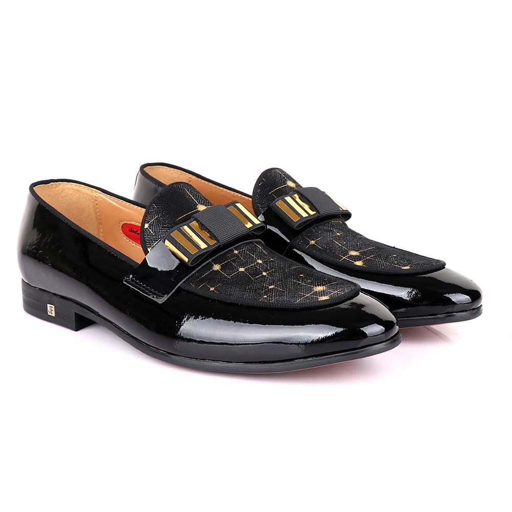 John Foster Graphic Gold Print Black Leather Shoe - Obeezi