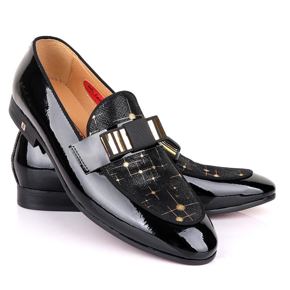 John Foster Graphic Gold Print Black Leather Shoe - Obeezi
