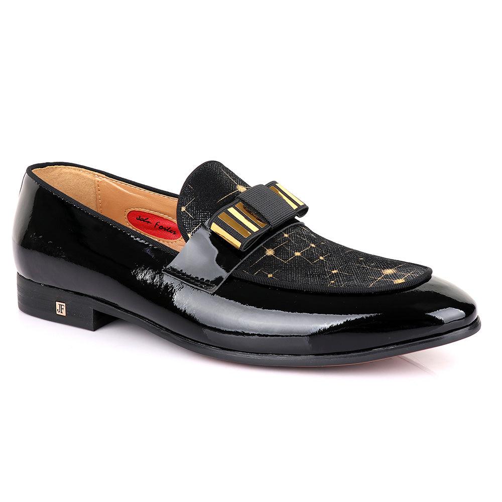 John Foster Graphic Gold Print Black Leather Shoe - Obeezi