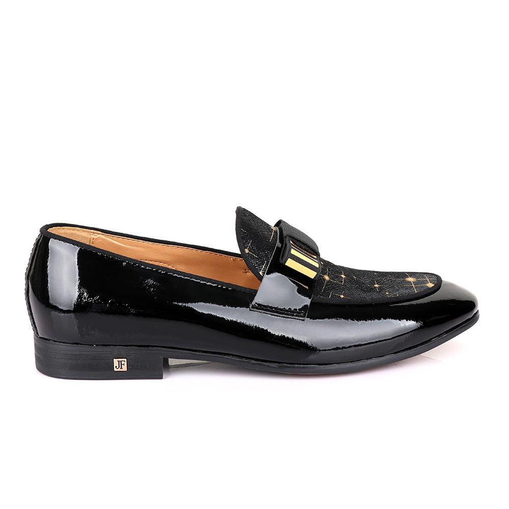 John Foster Graphic Gold Print Black Leather Shoe - Obeezi