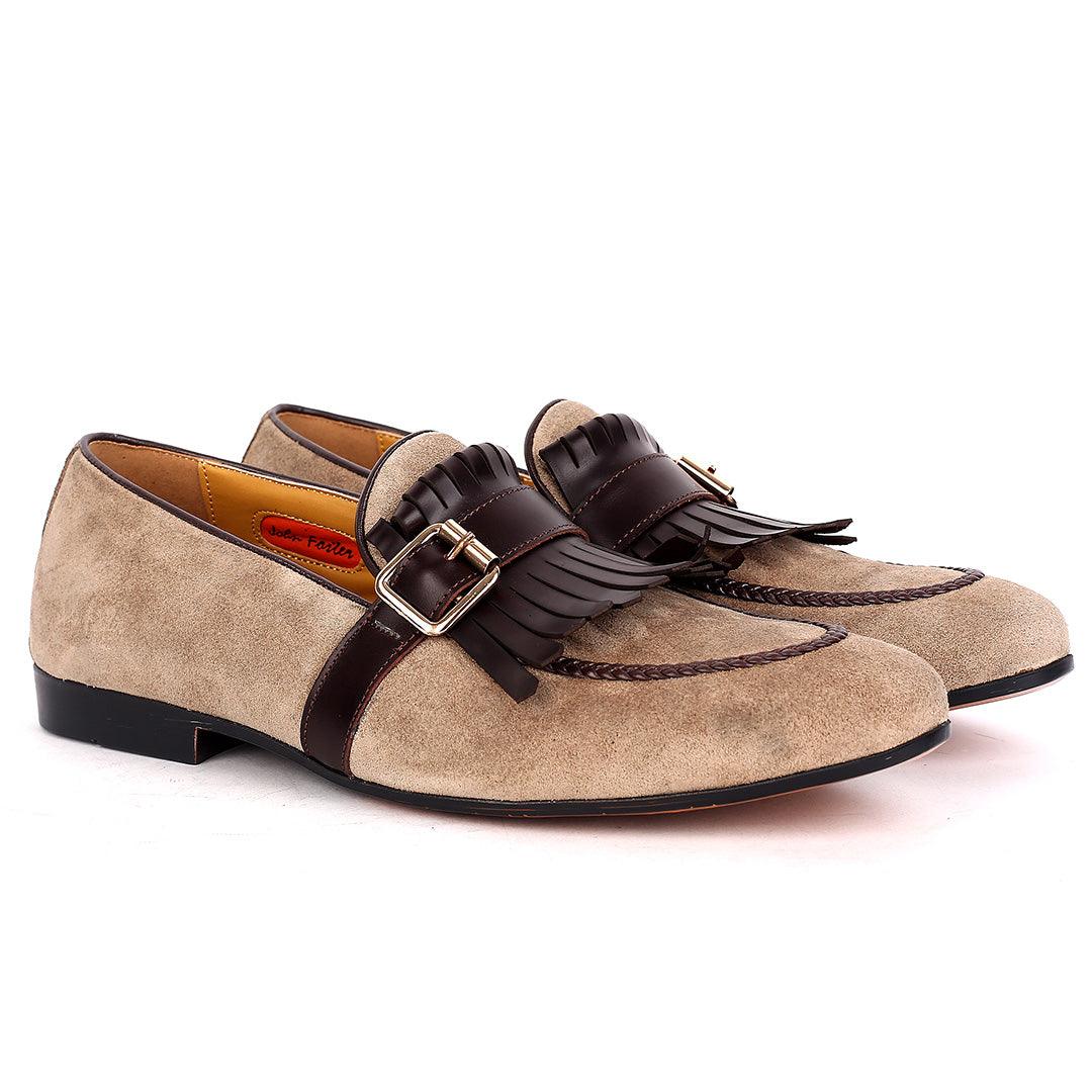 John Foster Grey Suede Leather Fringe Buckle Belt Designed Men's Shoe - Obeezi.com